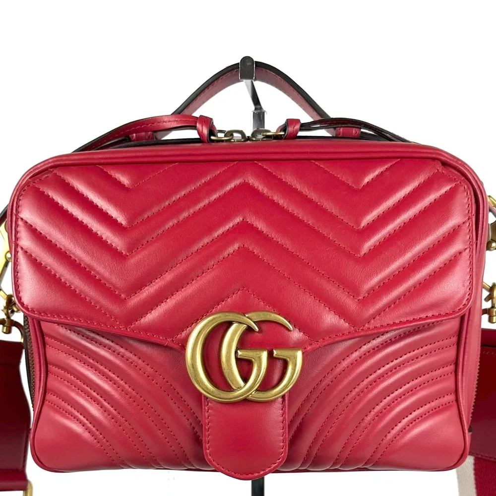 Gucci Red Quilted GG Marmont Crossbody Bag,  Leather And Guitar Straps
